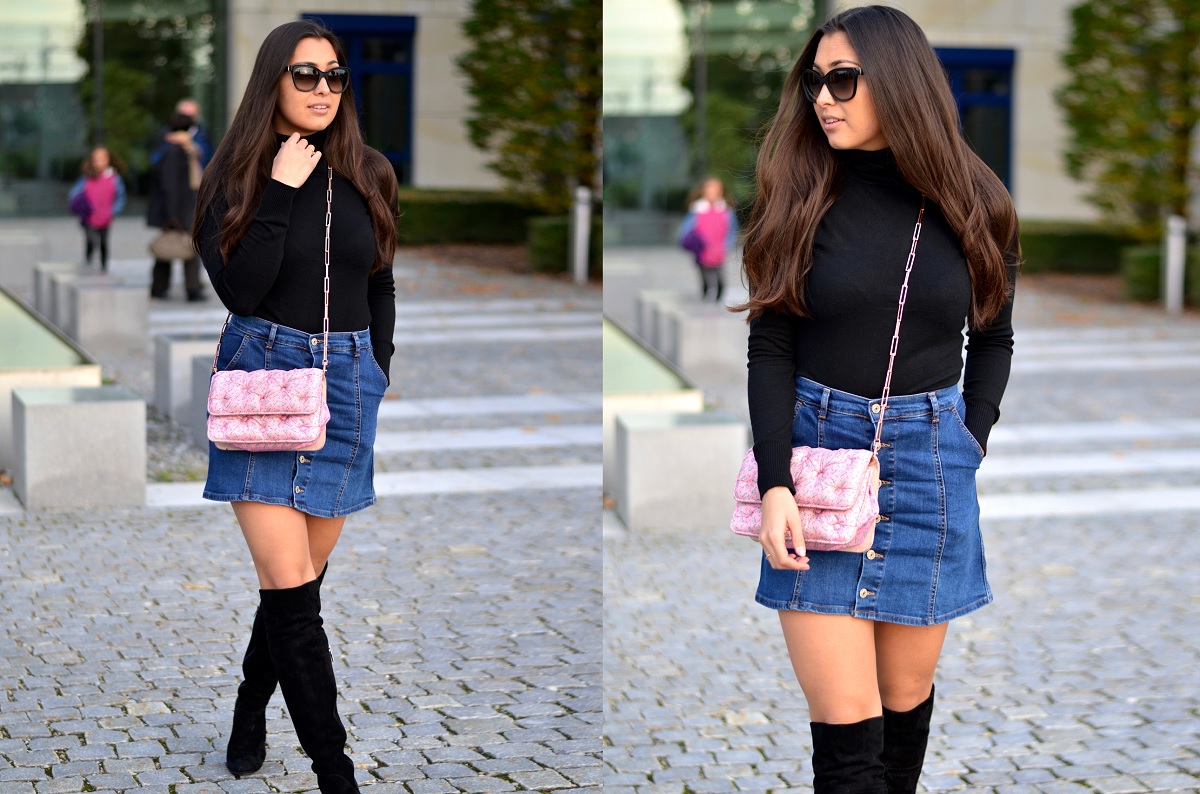 Simple Basics-Fall-Autumn-Look-Outfit-Ootd-Streetstyle-German Fashionblogger-Fashionblog-Prada Sunnies-Benedetta Bruzziches-Carmen Bag-Suede Overknees-Boots-Denim Skirt-Personal Style Blog-The Loud Couture